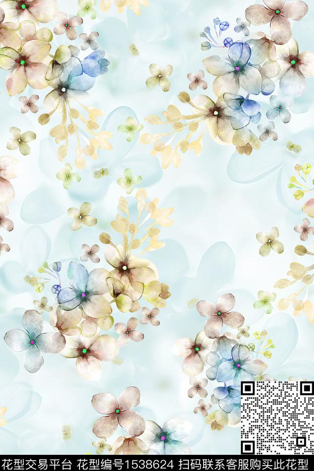 花卉水彩小清新数码印花华亿平台下载（图片编号: 1538624） - 瓦栏（Walan）