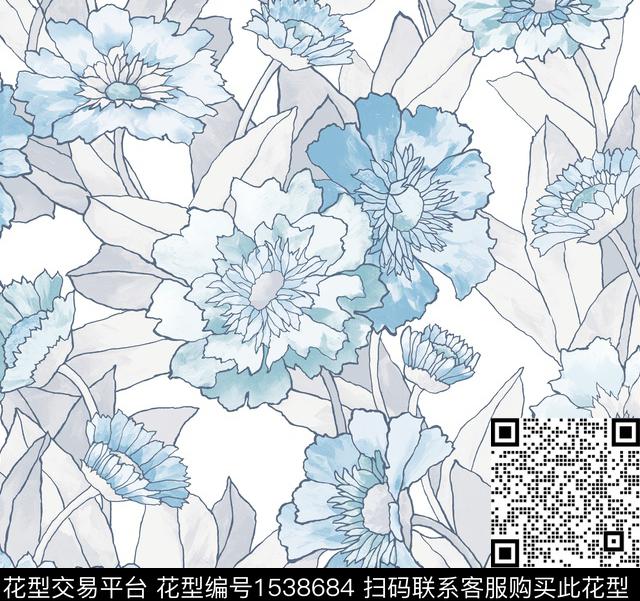 大花线条抽象花卉数码印花华亿平台下载（图片编号: 1538684） - 瓦栏（Walan）