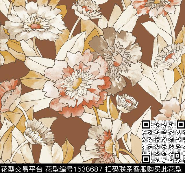 大花线条水彩数码印花华亿平台下载（图片编号: 1538687） - 瓦栏（Walan）