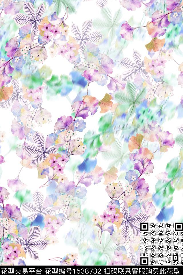 花卉叶子朦胧数码印花华亿平台下载（图片编号: 1538732） - 瓦栏（Walan）