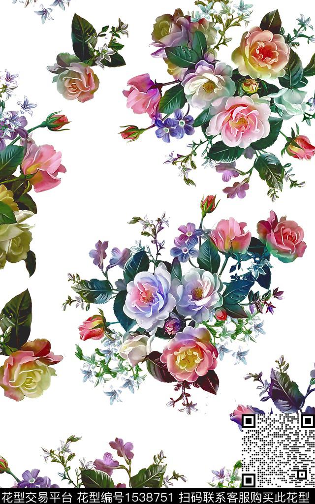 花卉水彩大花数码印花华亿平台下载（图片编号: 1538751） - 瓦栏（Walan）