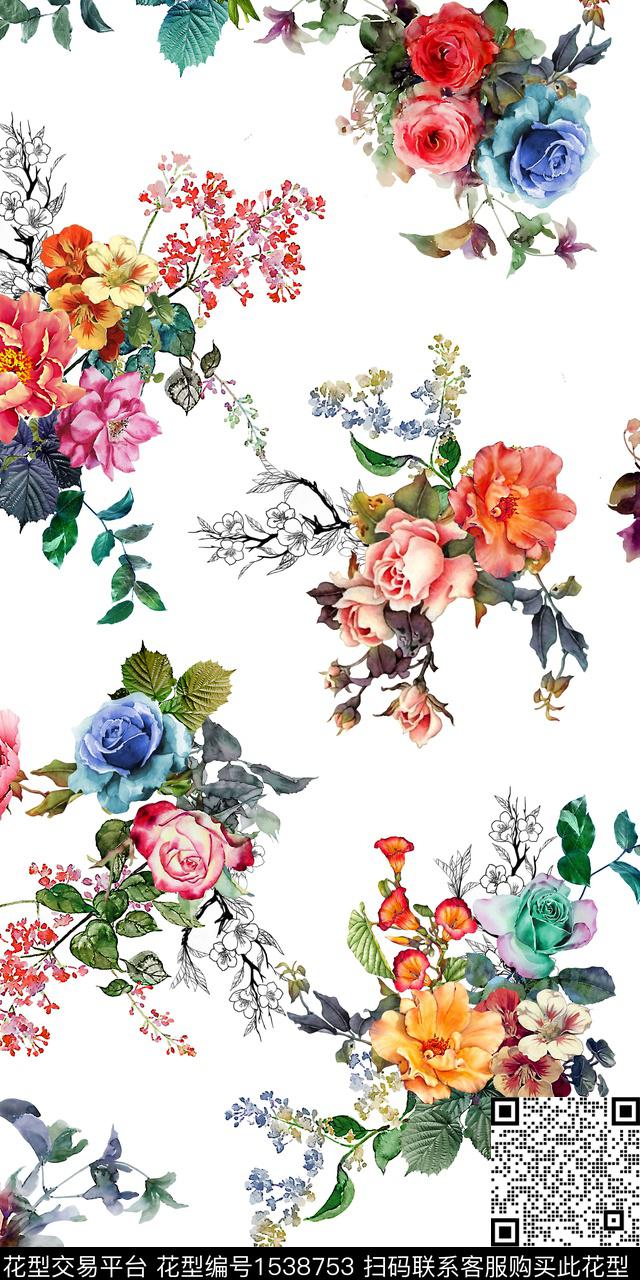 花卉线条花桃花数码印花华亿平台下载（图片编号: 1538753） - 瓦栏（Walan）