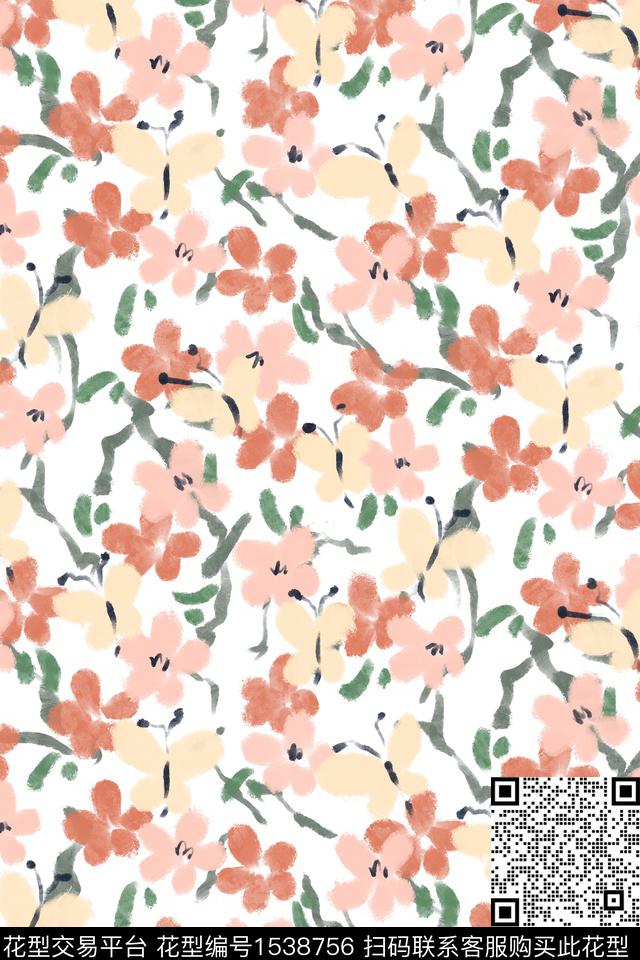 蝴蝶年轻女性水彩花卉数码印花华亿平台下载（图片编号: 1538756） - 瓦栏（Walan）