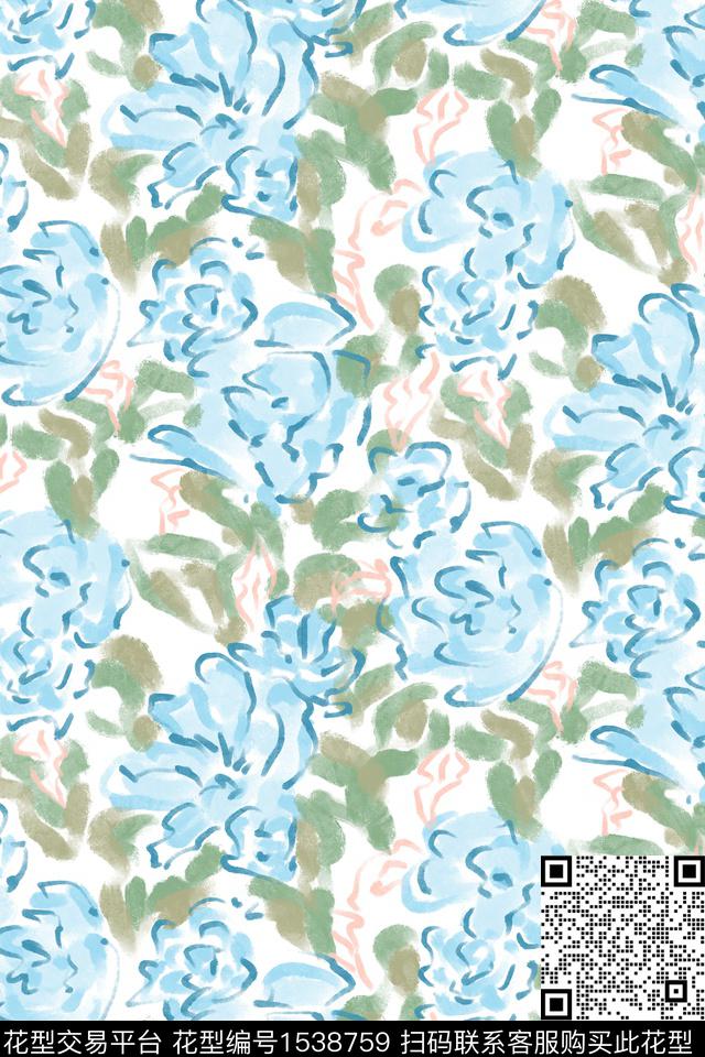 年轻女性水彩花卉笔触数码印花华亿平台下载（图片编号: 1538759） - 瓦栏（Walan）