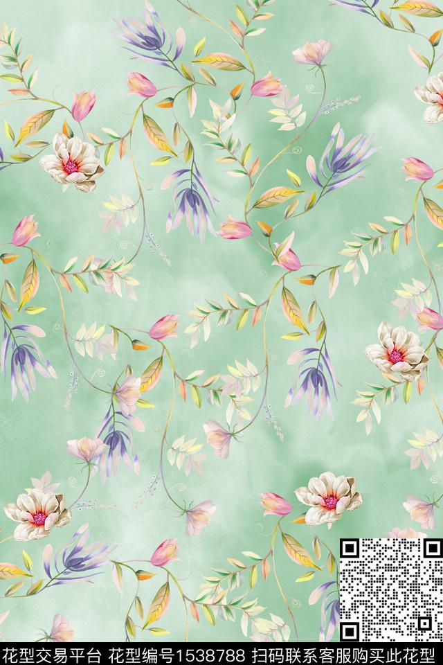 花卉云雾底小碎花数码印花华亿平台下载（图片编号: 1538788） - 瓦栏（Walan）