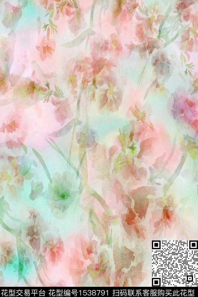 花卉抽象水彩数码印花华亿平台下载（图片编号: 1538791） - 瓦栏（Walan）