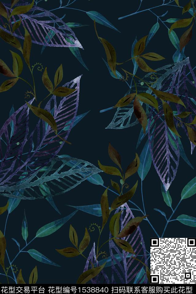 反色叶子数码华亿平台数码印花华亿平台下载（图片编号: 1538840） - 瓦栏（Walan）