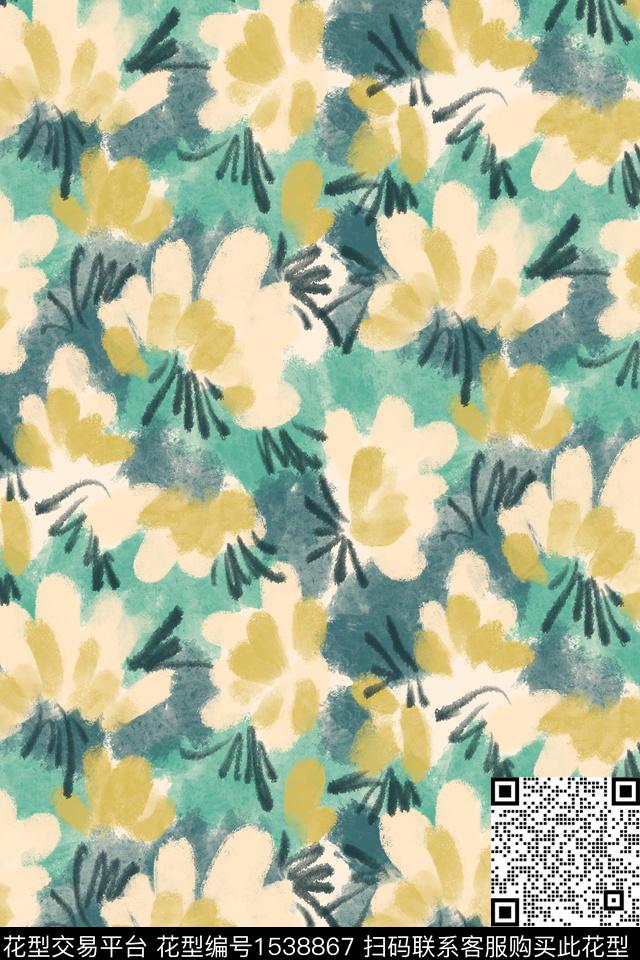 平面花卉满版散花水彩数码印花华亿平台下载（图片编号: 1538867） - 瓦栏（Walan）