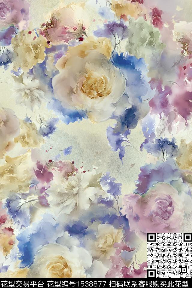 大花水彩花卉数码印花华亿平台下载（图片编号: 1538877） - 瓦栏（Walan）