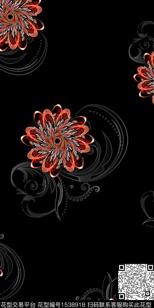 分形黑底跳接数码印花华亿平台下载（图片编号: 1538918） - 瓦栏（Walan）