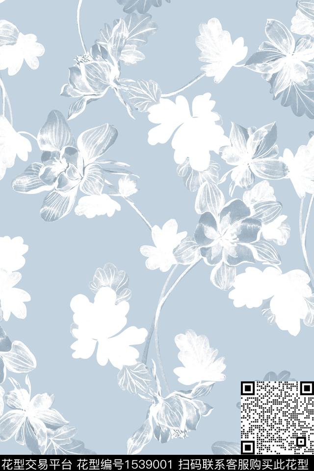 花卉抽象花卉剪影数码印花华亿平台下载（图片编号: 1539001） - 瓦栏（Walan）