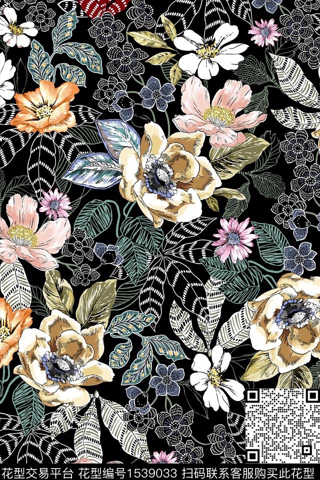 手绘花卉绿植树叶民族花卉数码印花华亿平台下载（图片编号: 1539033） - 瓦栏（Walan）
