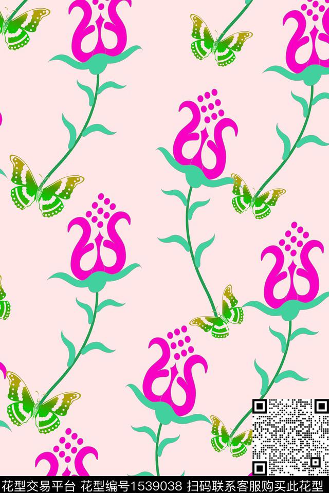 抽象花卉绿植树叶蝴蝶数码印花华亿平台下载（图片编号: 1539038） - 瓦栏（Walan）