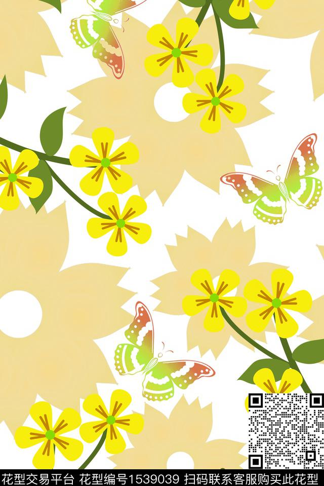 花卉绿植树叶蝴蝶数码印花华亿平台下载（图片编号: 1539039） - 瓦栏（Walan）