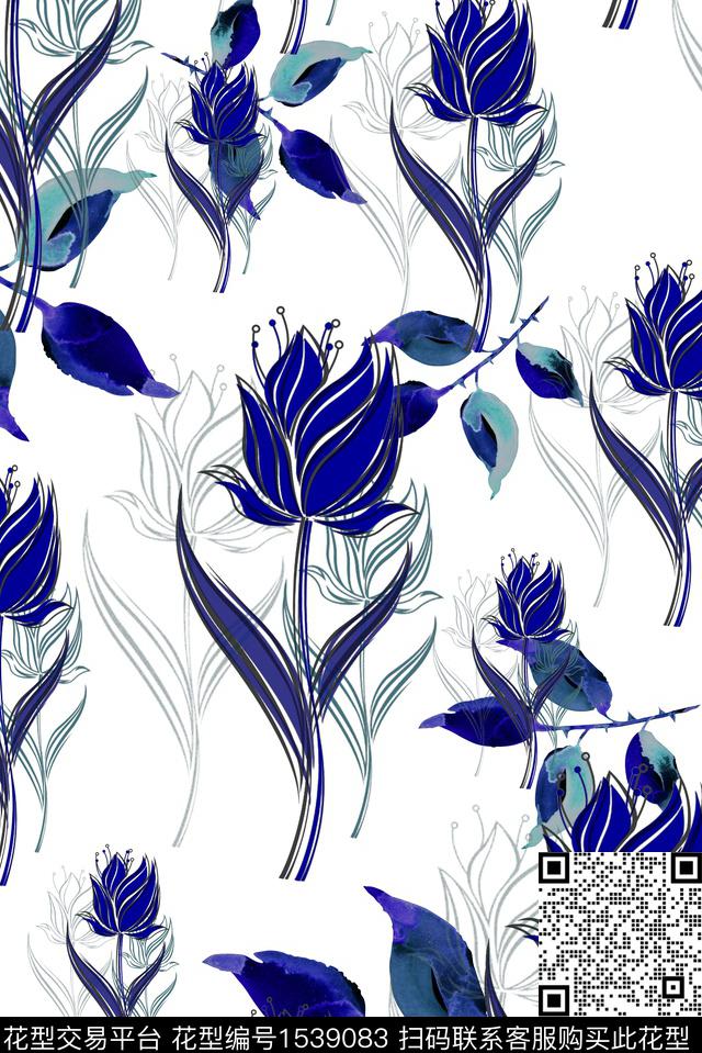 花卉影花线条花数码印花华亿平台下载（图片编号: 1539083） - 瓦栏（Walan）
