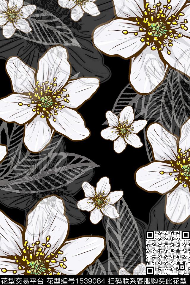 花卉大花叶子数码印花华亿平台下载（图片编号: 1539084） - 瓦栏（Walan）