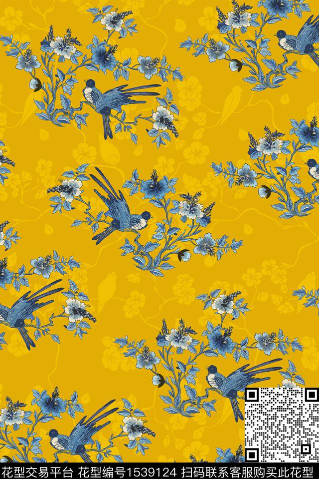 花鸟素雅中国风数码印花华亿平台下载（图片编号: 1539124） - 瓦栏（Walan）