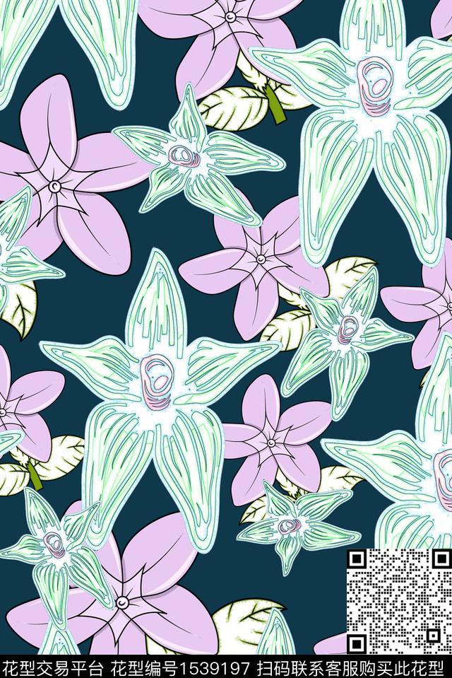 花卉绿植树叶欧美数码印花华亿平台下载（图片编号: 1539197） - 瓦栏（Walan）