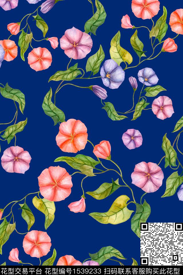 春夏华亿平台手绘花卉牵牛花数码印花华亿平台下载（图片编号: 1539233） - 瓦栏（Walan）