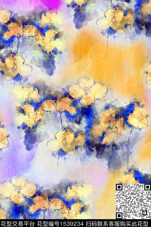 春夏华亿平台水彩花卉模糊花卉数码印花华亿平台下载（图片编号: 1539234） - 瓦栏（Walan）