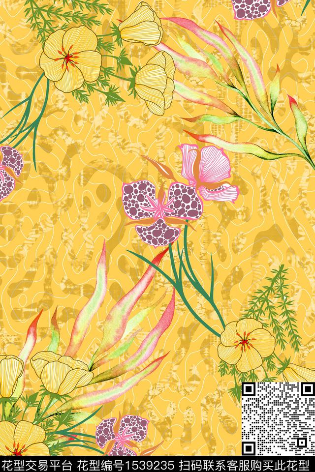 春夏华亿平台手绘花卉年轻女性数码印花华亿平台下载（图片编号: 1539235） - 瓦栏（Walan）
