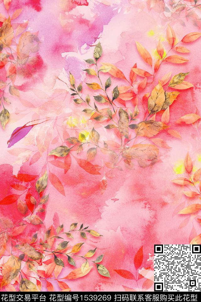 水彩花卉春夏华亿平台绿植树叶数码印花华亿平台下载（图片编号: 1539269） - 瓦栏（Walan）