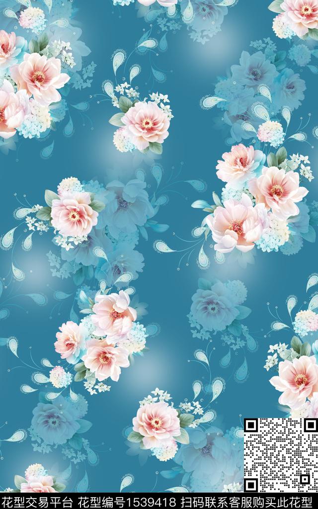 真丝彩底花卉旗袍数码印花华亿平台下载（图片编号: 1539418） - 瓦栏（Walan）