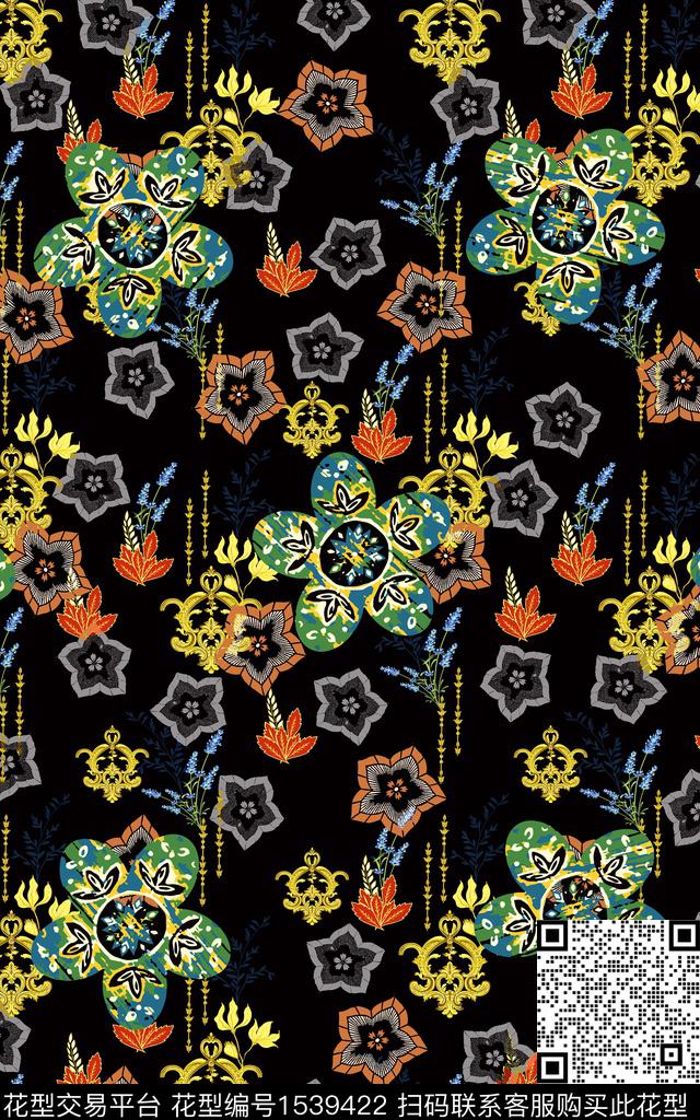 彩底花卉民族风旗袍数码印花华亿平台下载（图片编号: 1539422） - 瓦栏（Walan）