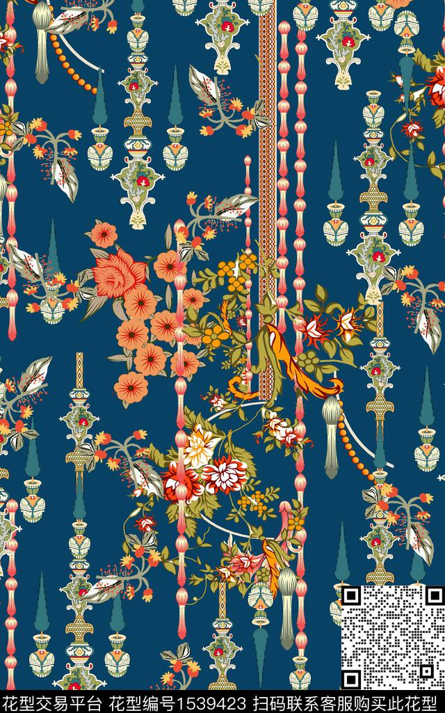 彩底花卉民族风旗袍数码印花华亿平台下载（图片编号: 1539423） - 瓦栏（Walan）