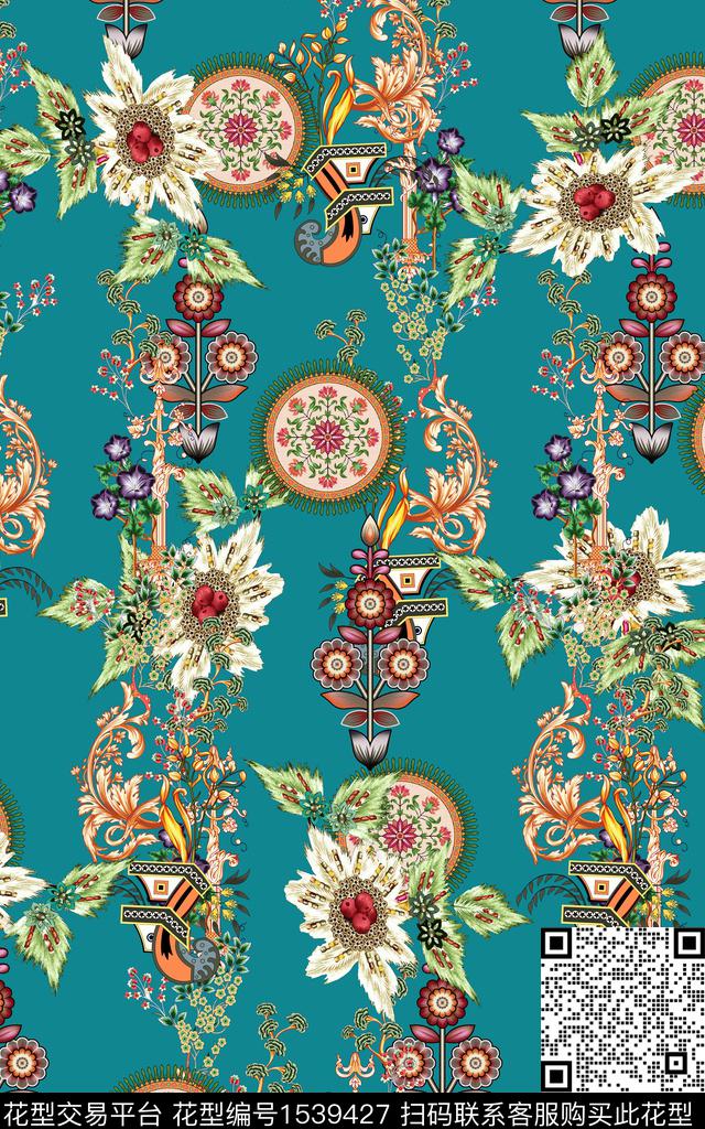彩底花卉民族风旗袍数码印花华亿平台下载（图片编号: 1539427） - 瓦栏（Walan）