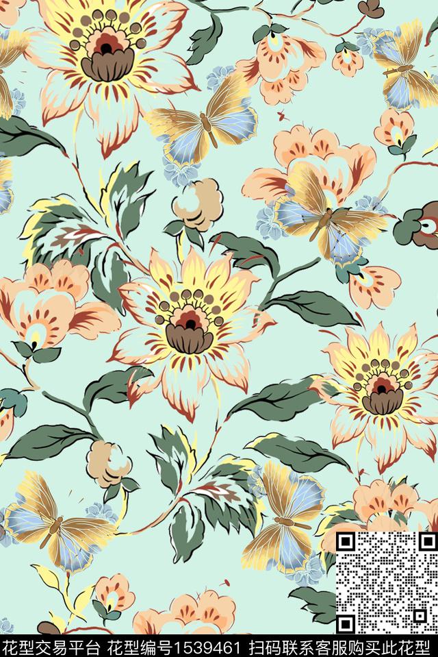 绿植树叶花卉满版散花数码印花华亿平台下载（图片编号: 1539461） - 瓦栏（Walan）