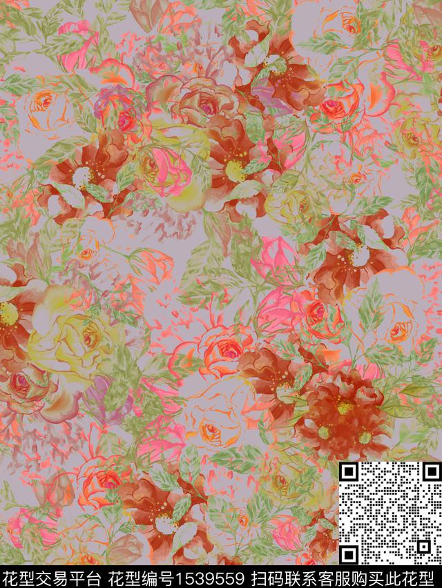 水彩花卉满版散花数码印花华亿平台下载（图片编号: 1539559） - 瓦栏（Walan）