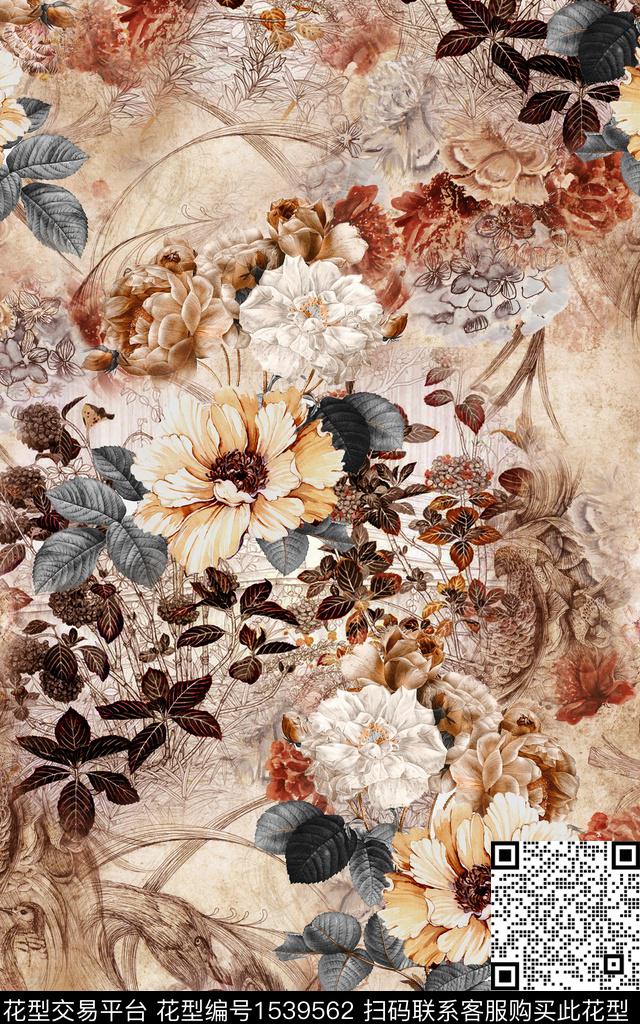 手绘中老年香云纱数码印花华亿平台下载（图片编号: 1539562） - 瓦栏（Walan）