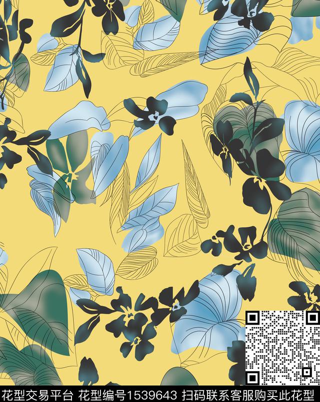 绿植树叶手绘手绘花卉数码印花华亿平台下载（图片编号: 1539643） - 瓦栏（Walan）