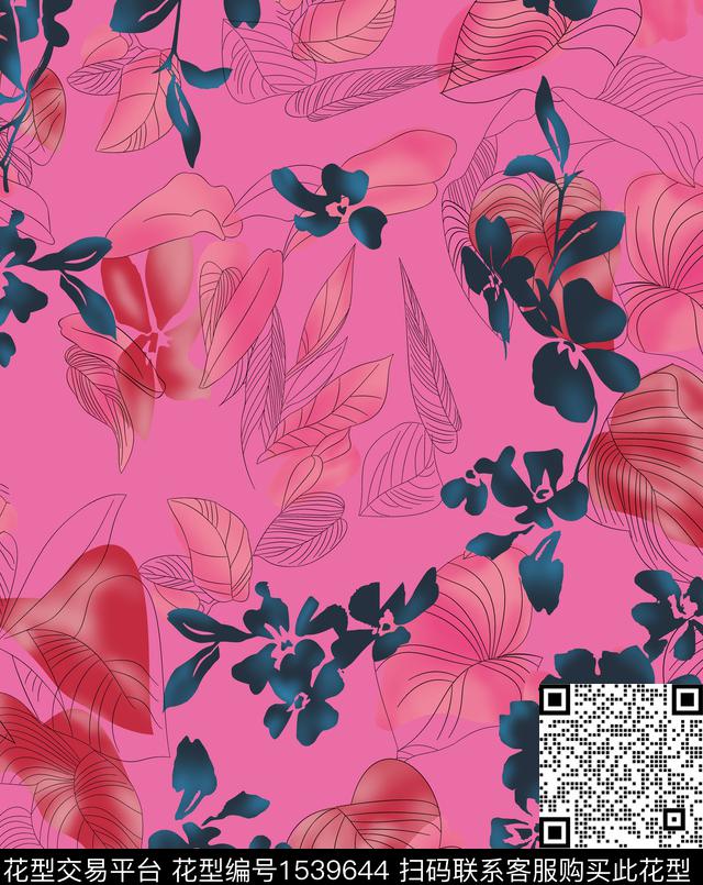 绿植树叶手绘手绘花卉数码印花华亿平台下载（图片编号: 1539644） - 瓦栏（Walan）