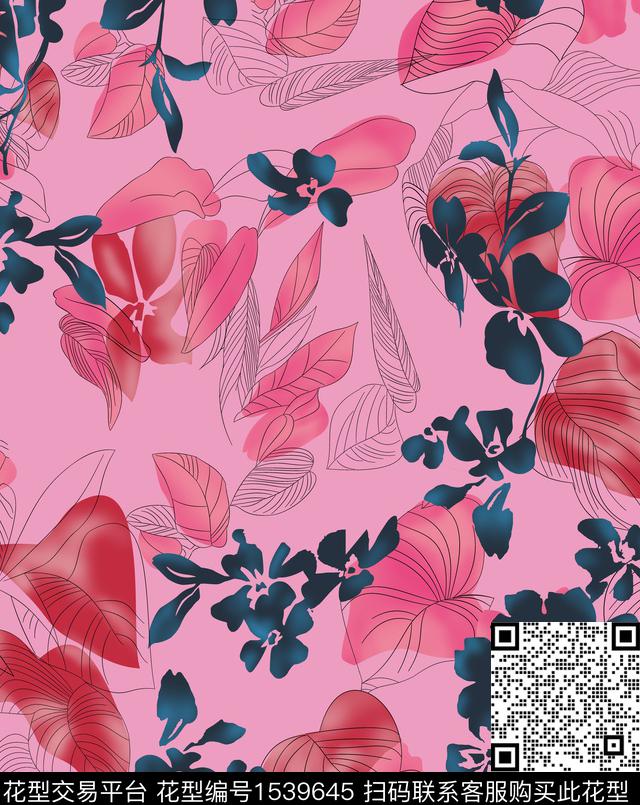 绿植树叶手绘手绘花卉数码印花华亿平台下载（图片编号: 1539645） - 瓦栏（Walan）