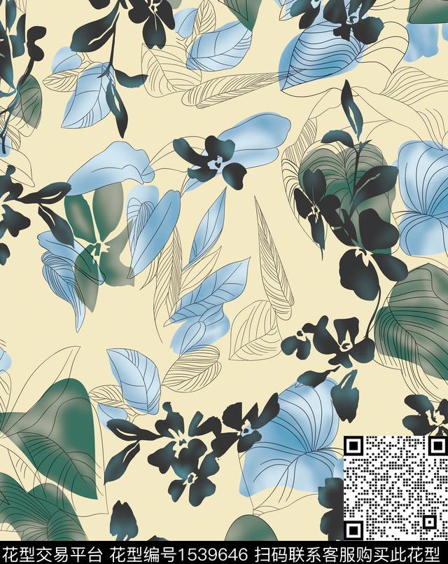 花卉水彩线条数码印花华亿平台下载（图片编号: 1539646） - 瓦栏（Walan）