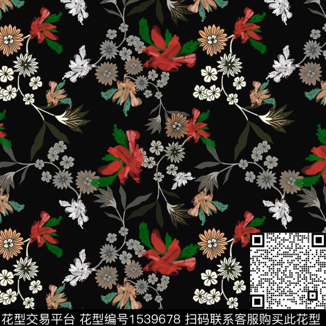 小碎花黑底花卉花卉数码印花华亿平台下载（图片编号: 1539678） - 瓦栏（Walan）
