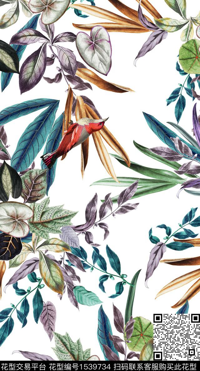 花鸟复古白底花数码印花华亿平台下载（图片编号: 1539734） - 瓦栏（Walan）