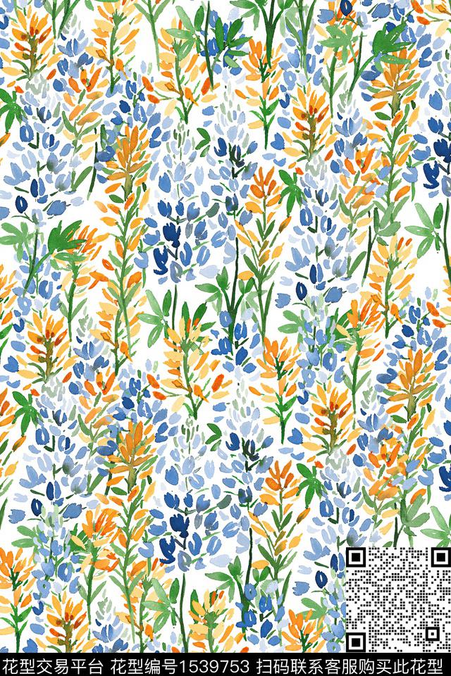 水彩花卉叶子数码印花华亿平台下载（图片编号: 1539753） - 瓦栏（Walan）