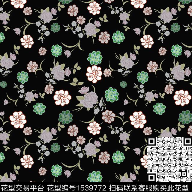 小碎花黑底花卉花卉传统印花华亿平台下载（图片编号: 1539772） - 瓦栏（Walan）