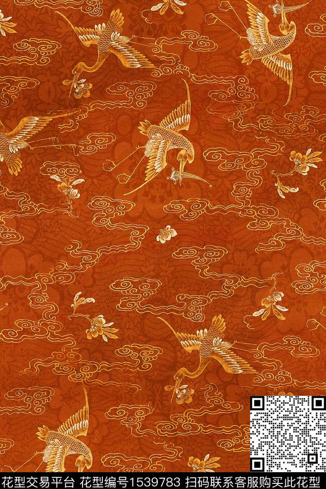 真丝仙鹤中国风数码印花华亿平台下载（图片编号: 1539783） - 瓦栏（Walan）