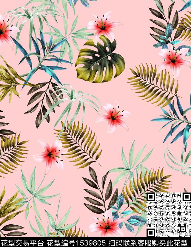 花卉水彩热带华亿平台数码印花华亿平台下载（图片编号: 1539805） - 瓦栏（Walan）