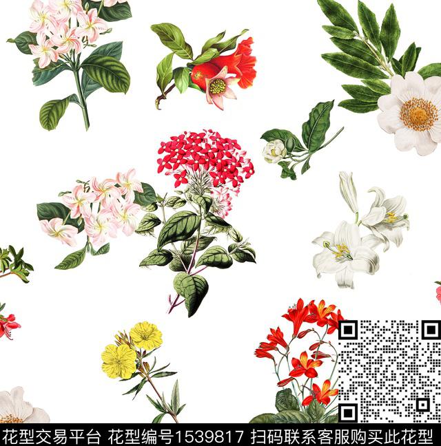 花卉复古白底花数码印花华亿平台下载（图片编号: 1539817） - 瓦栏（Walan）