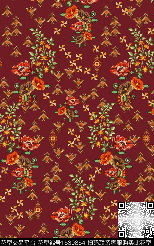 民族风中老年花卉传统印花华亿平台下载（图片编号: 1539854） - 瓦栏（Walan）