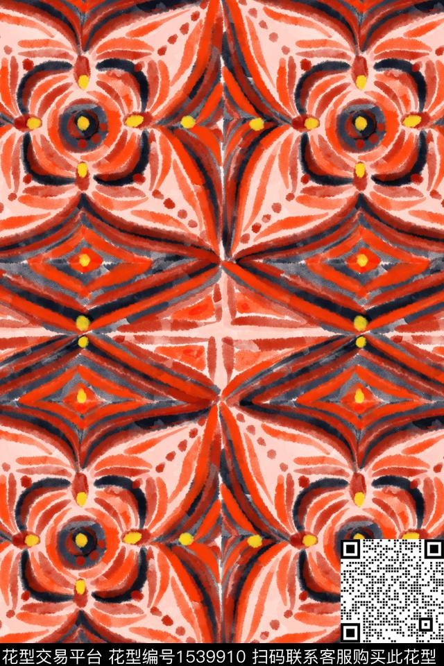 民族风水彩笔触数码印花华亿平台下载（图片编号: 1539910） - 瓦栏（Walan）