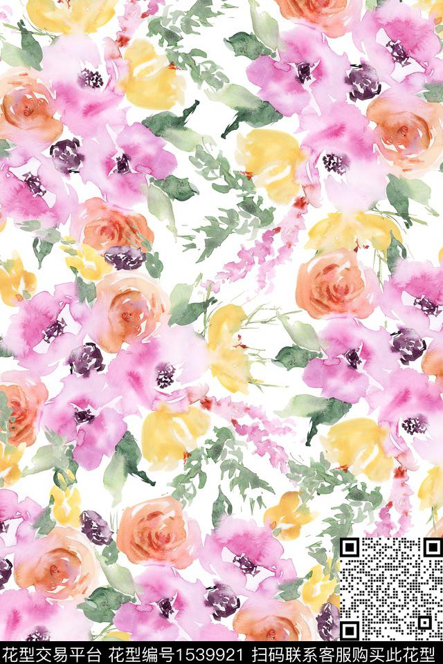 水彩花卉满版散花数码印花华亿平台下载（图片编号: 1539921） - 瓦栏（Walan）