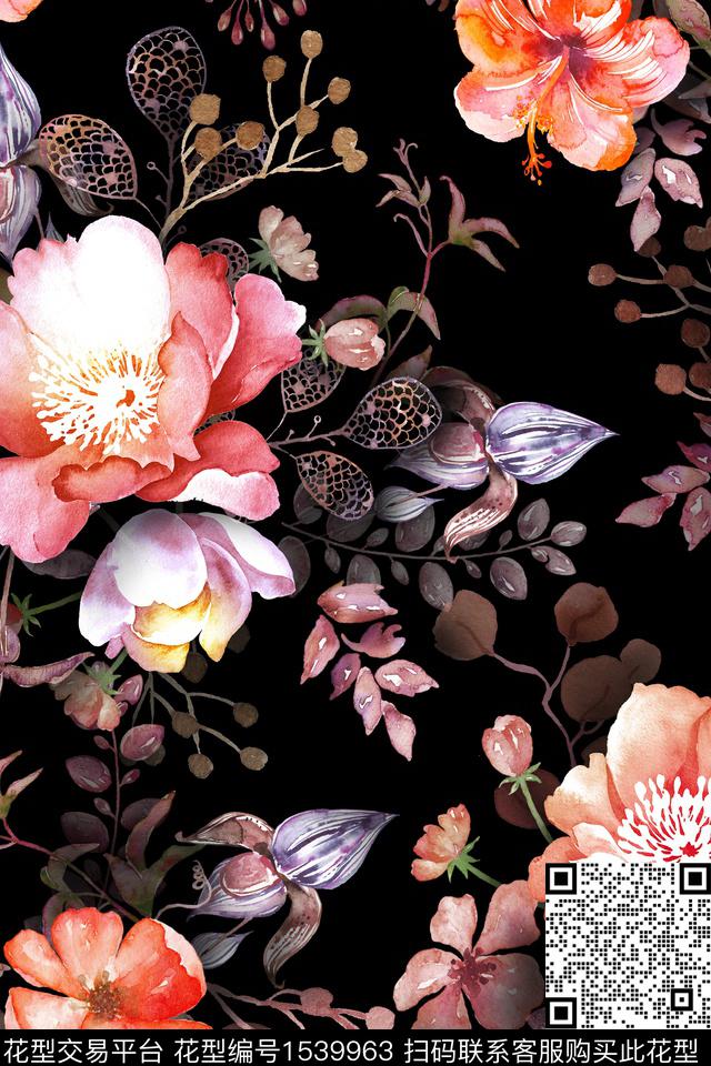 手绘大花大花水彩数码印花华亿平台下载（图片编号: 1539963） - 瓦栏（Walan）