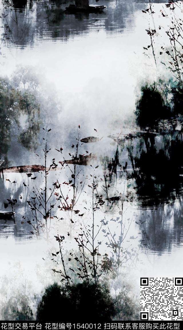 配饰风景景观水墨风数码印花华亿平台下载（图片编号: 1540012） - 瓦栏（Walan）