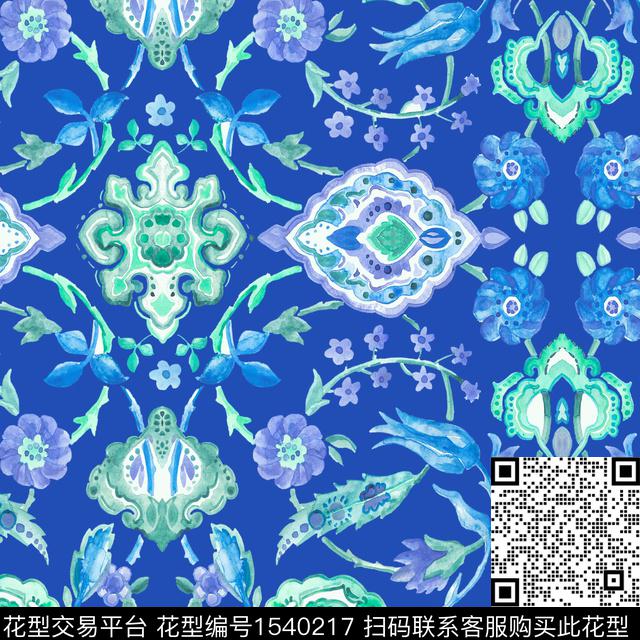 民族风波西米亚绿植树叶数码印花华亿平台下载（图片编号: 1540217） - 瓦栏（Walan）